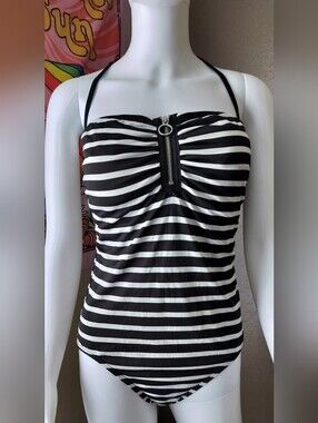 Michael Kors Black and White Striped One-Piece Swimsuit Sz